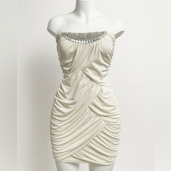Dresses & Skirts - Strapless rouched cream going out cream White embellished Dress size small Y2K
